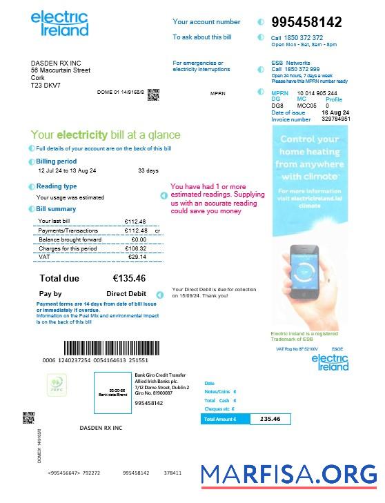Downloadable IRELAND ELECTRIC IRELAND business utility bill Word and PDF template